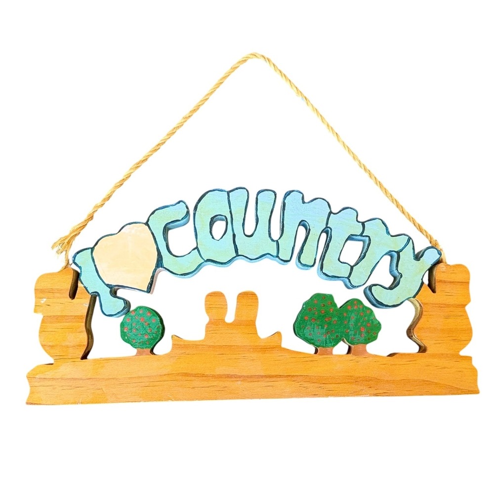 Vintage Wooden I Love Country Wall Hanging Sign Farmhouse Decor Hand Painted - Picture 2 of 9